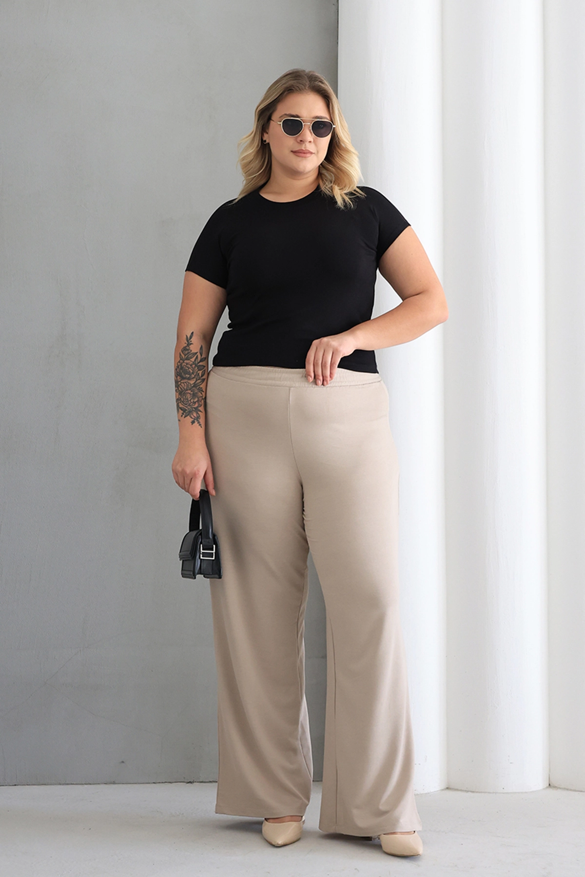 Kadın Rahat Form Beli Lastikli Geniş Paça Pantolon ZPLUS XXL /h1