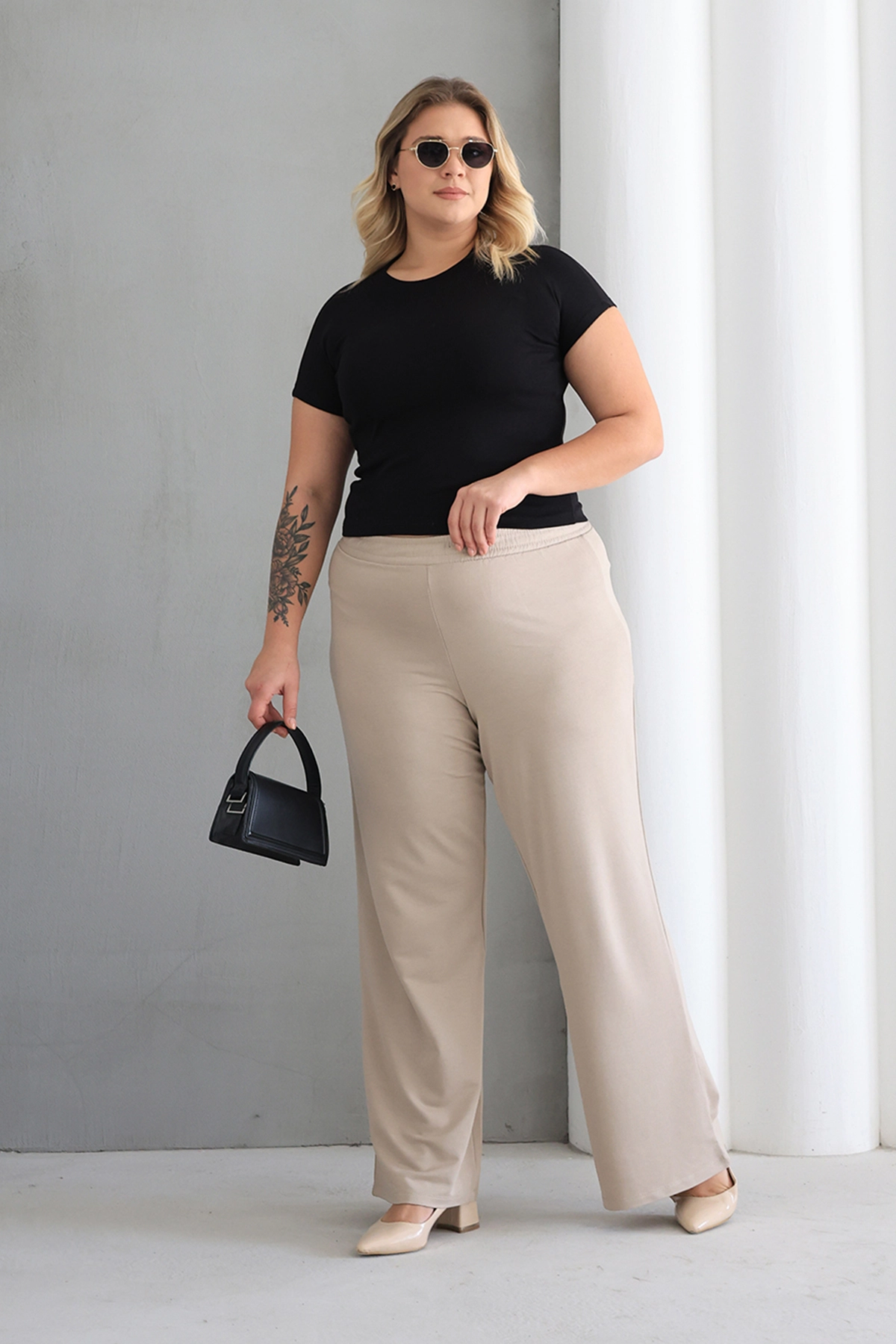 Kadın Rahat Form Beli Lastikli Geniş Paça Pantolon ZPLUS XXL /h1