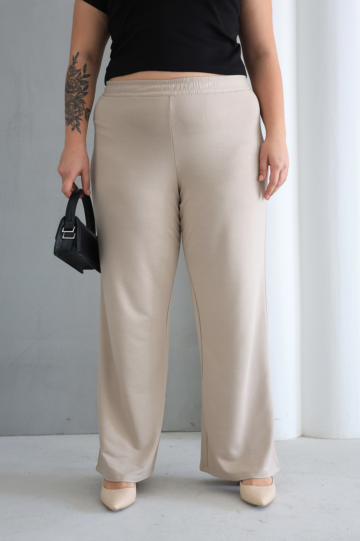 Kadın Rahat Form Beli Lastikli Geniş Paça Pantolon ZPLUS XXL