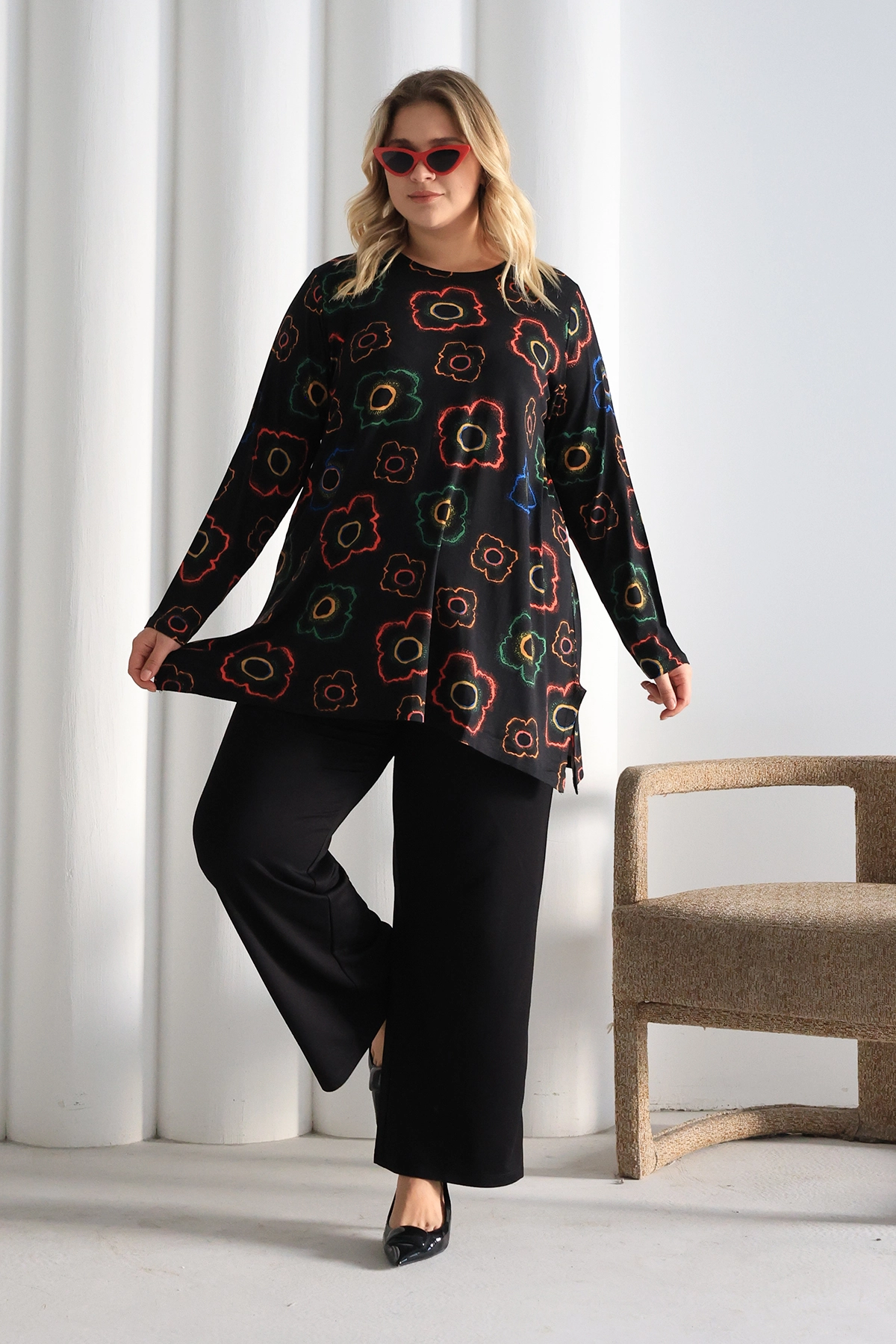 ZPLUS XXL İki Yanı Yırtmaçlı  Desenli Oversize Tunik/h1