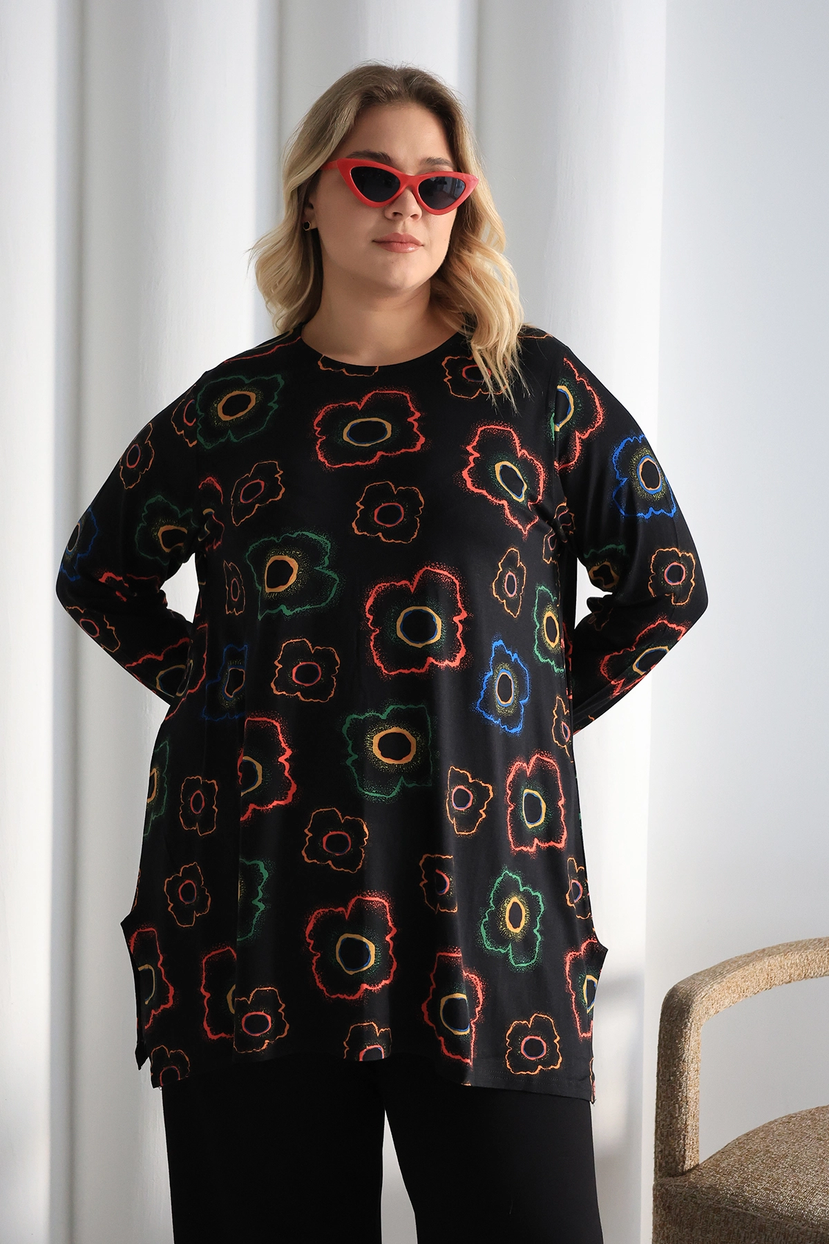 ZPLUS XXL İki Yanı Yırtmaçlı Desenli Oversize Tunik