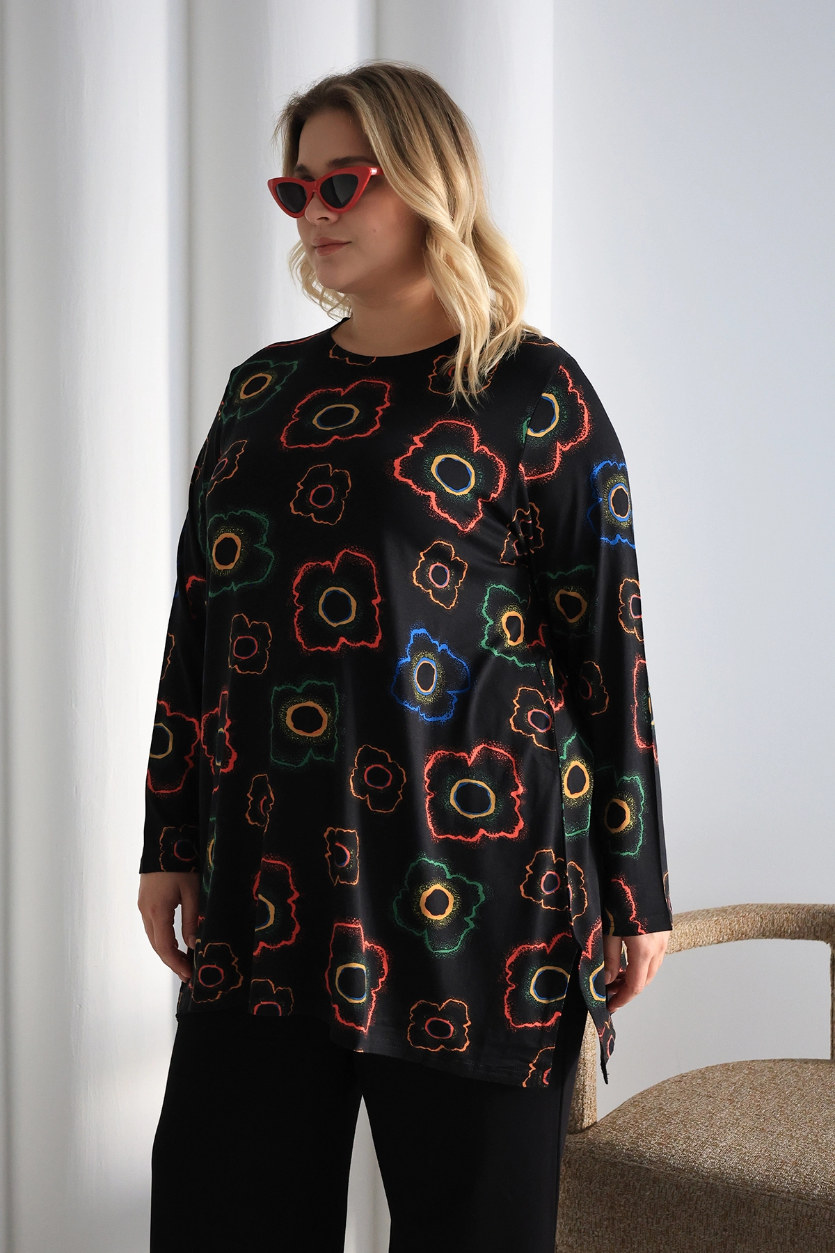ZPLUS XXL İki Yanı Yırtmaçlı Desenli Oversize Tunik
