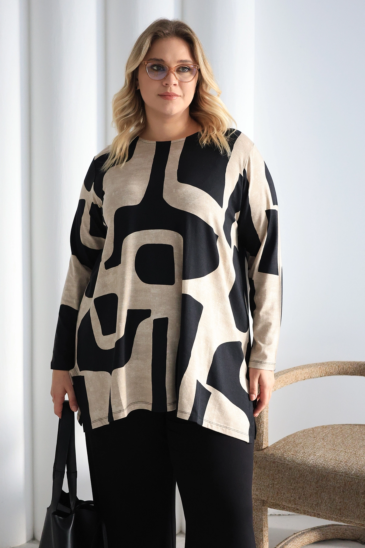 ZPLUS XXL İki Yanı Yırtmaçlı Desenli Oversize Tunik