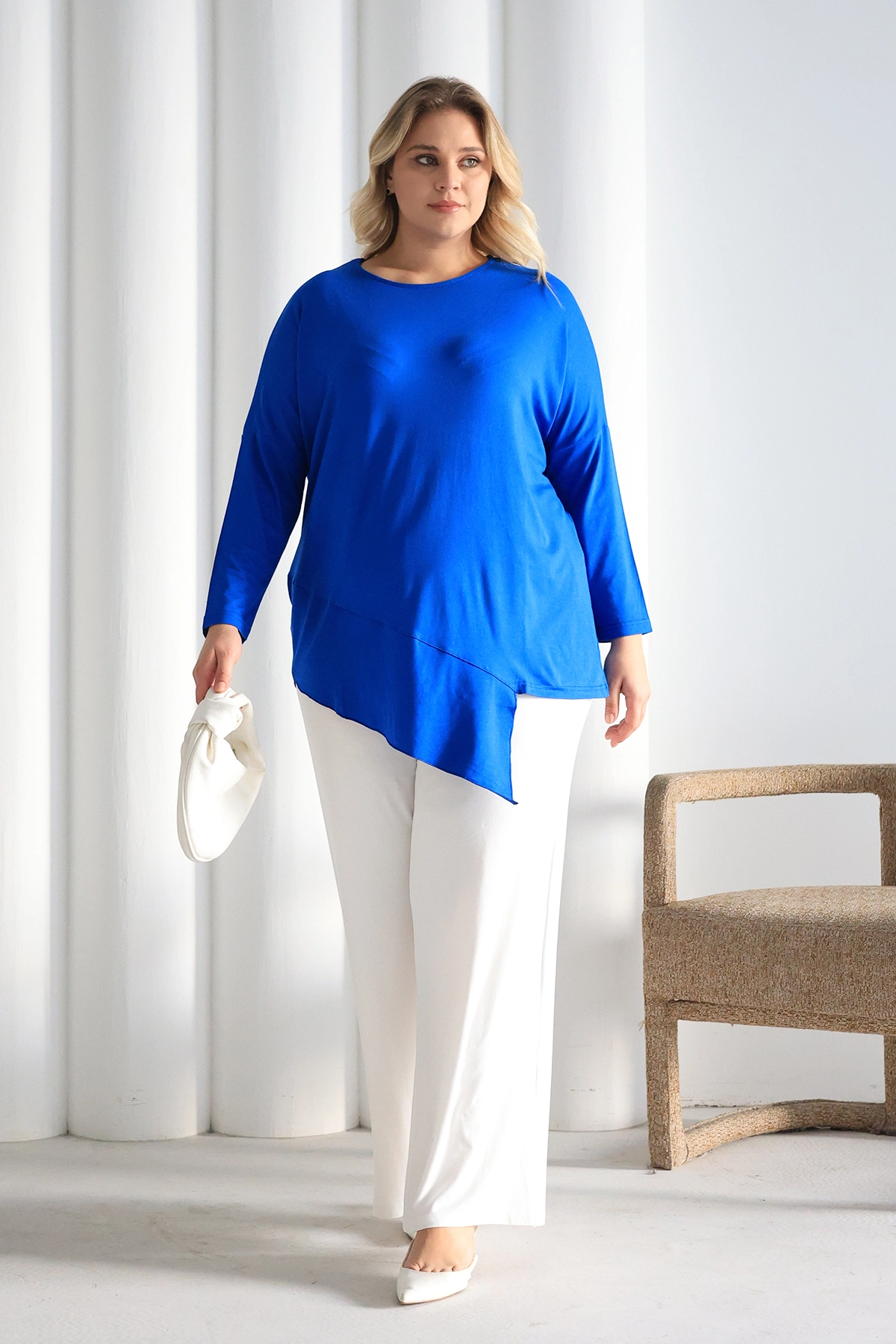 Asimetrik Kesim Desenli Oversize Bluz Büyük Beden ZPLUS XXL