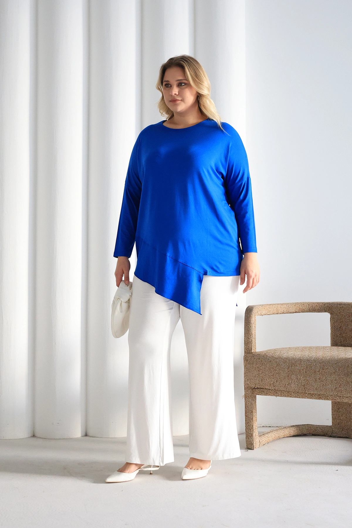 Asimetrik Kesim Desenli Oversize Bluz Büyük Beden ZPLUS XXL