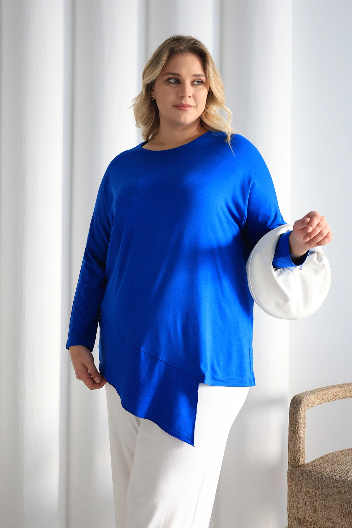 Asimetrik Kesim Desenli Oversize Bluz Büyük Beden ZPLUS XXL