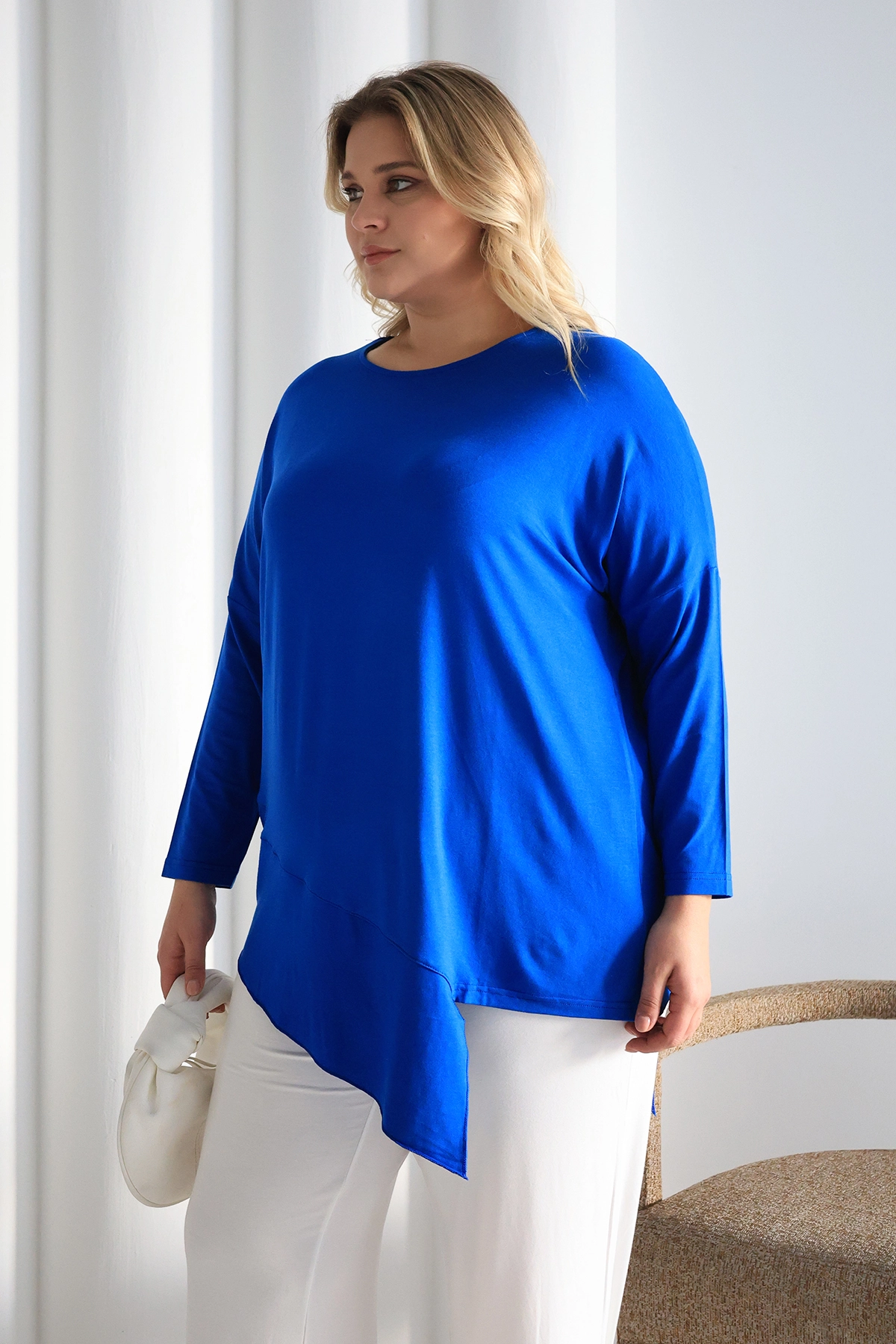 Asimetrik Kesim Desenli Oversize Bluz Büyük Beden ZPLUS XXL