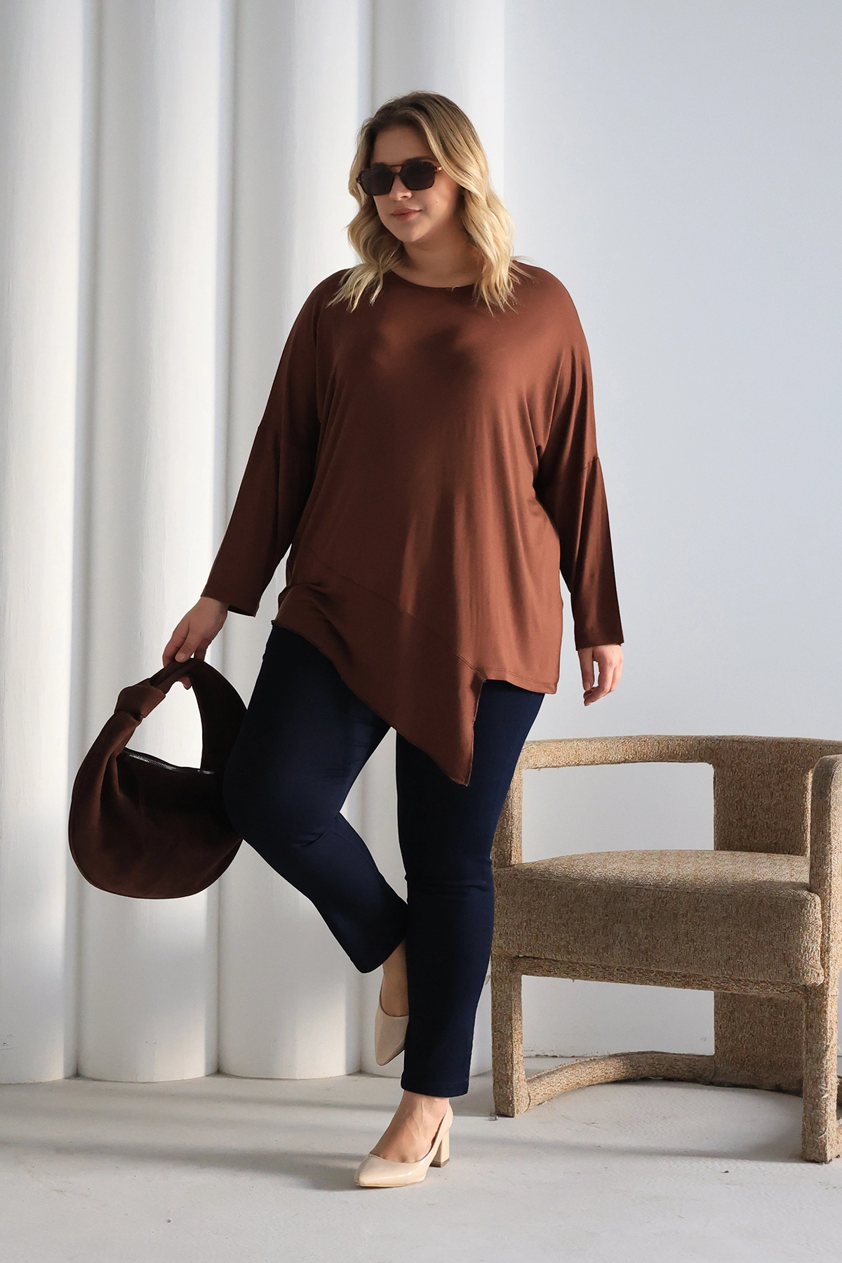 Asimetrik Kesim Desenli Oversize Bluz Büyük Beden ZPLUS XXL