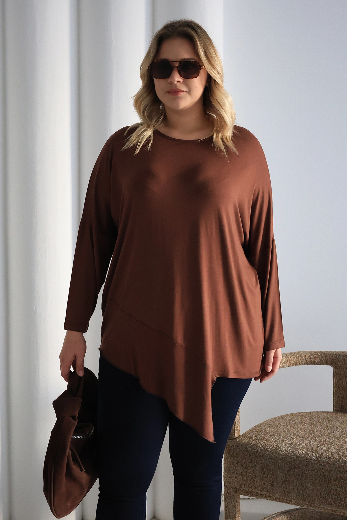 Asimetrik Kesim Desenli Oversize Bluz Büyük Beden ZPLUS XXL