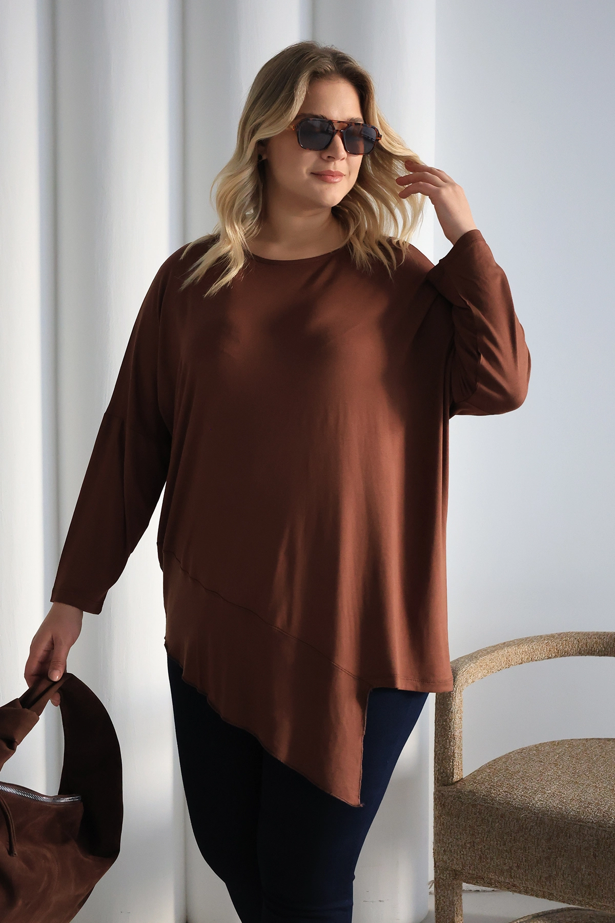 Asimetrik Kesim Desenli Oversize Bluz Büyük Beden ZPLUS XXL