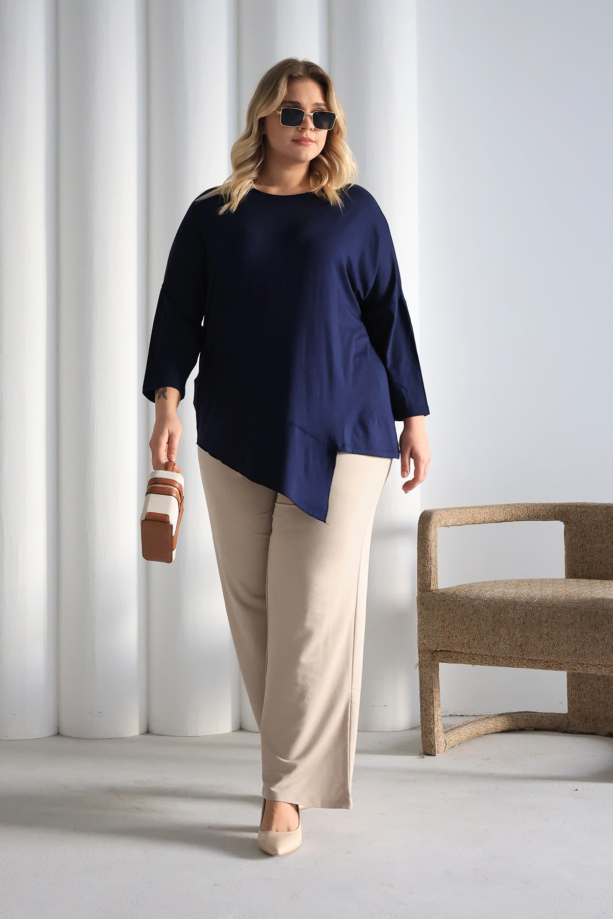 Asimetrik Kesim Desenli Oversize Bluz Büyük Beden ZPLUS XXL