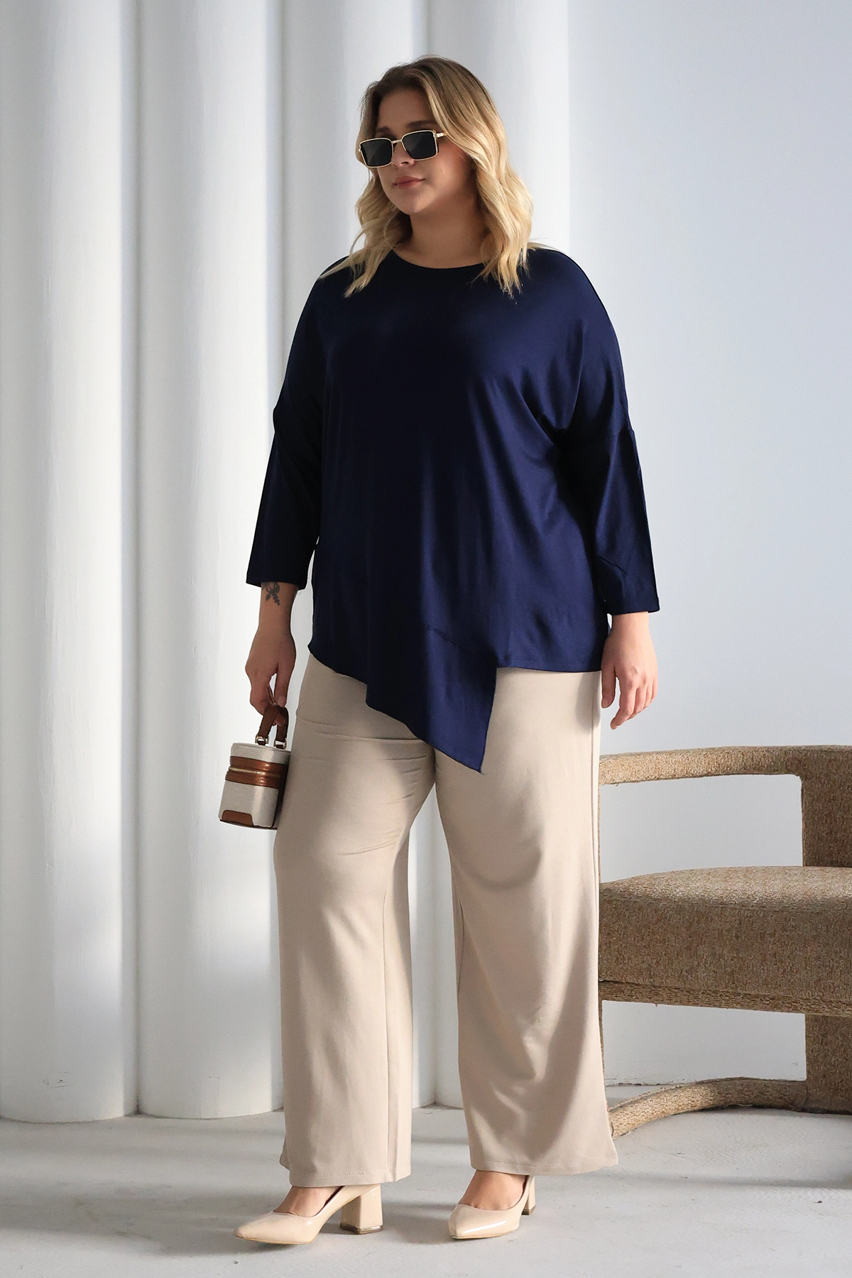 Asimetrik Kesim Desenli Oversize Bluz Büyük Beden ZPLUS XXL