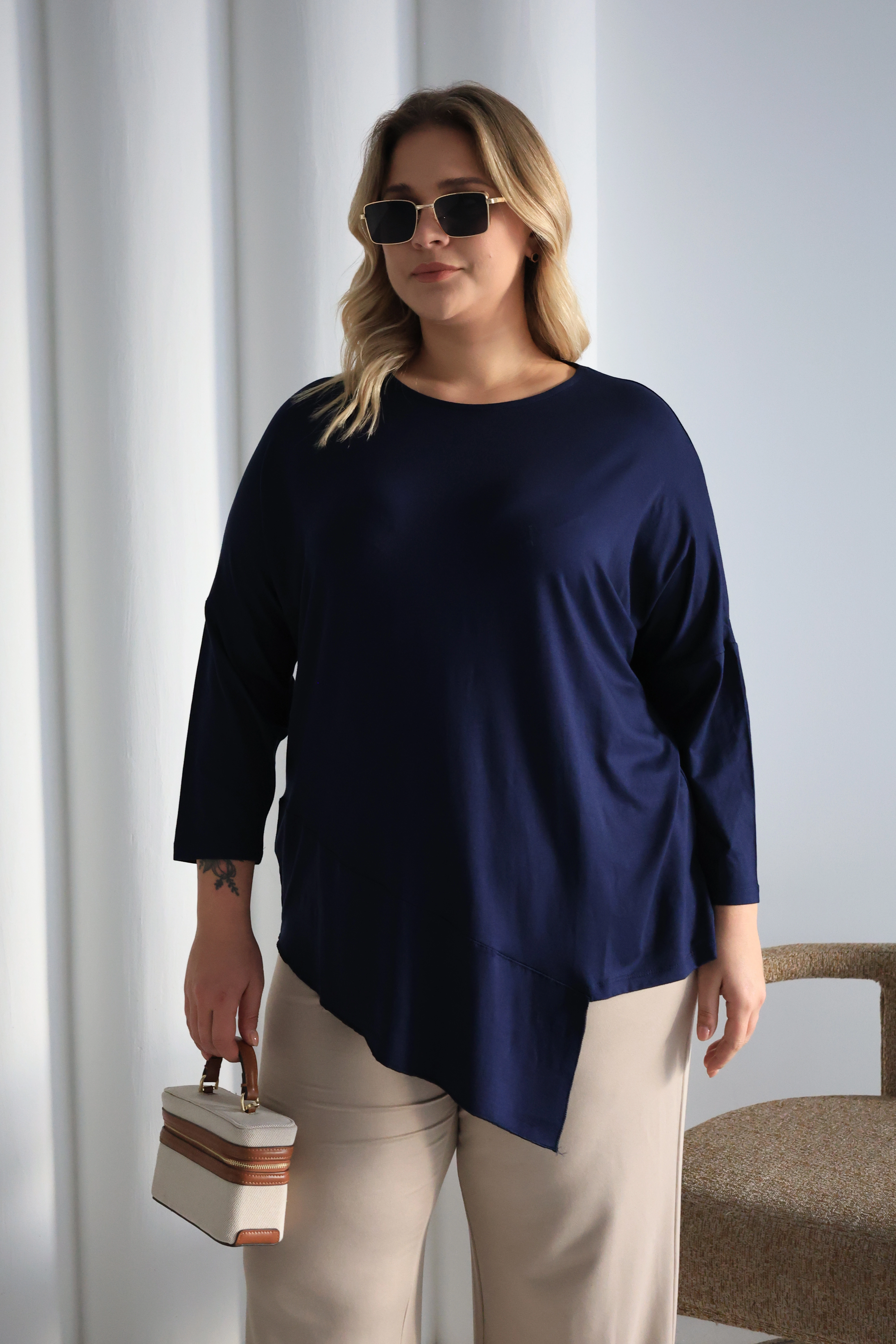 Asimetrik Kesim Desenli Oversize Bluz Büyük Beden ZPLUS XXL