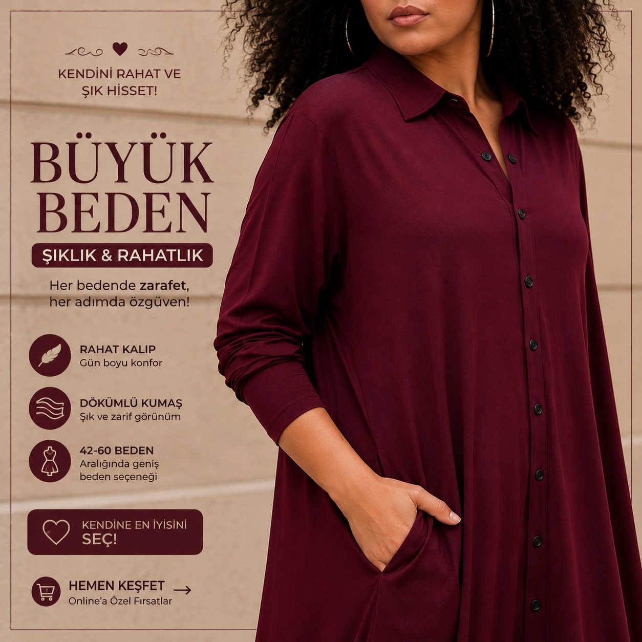 A Kesim Düğmeli %100 Pamuk Penye Elbise BORDO