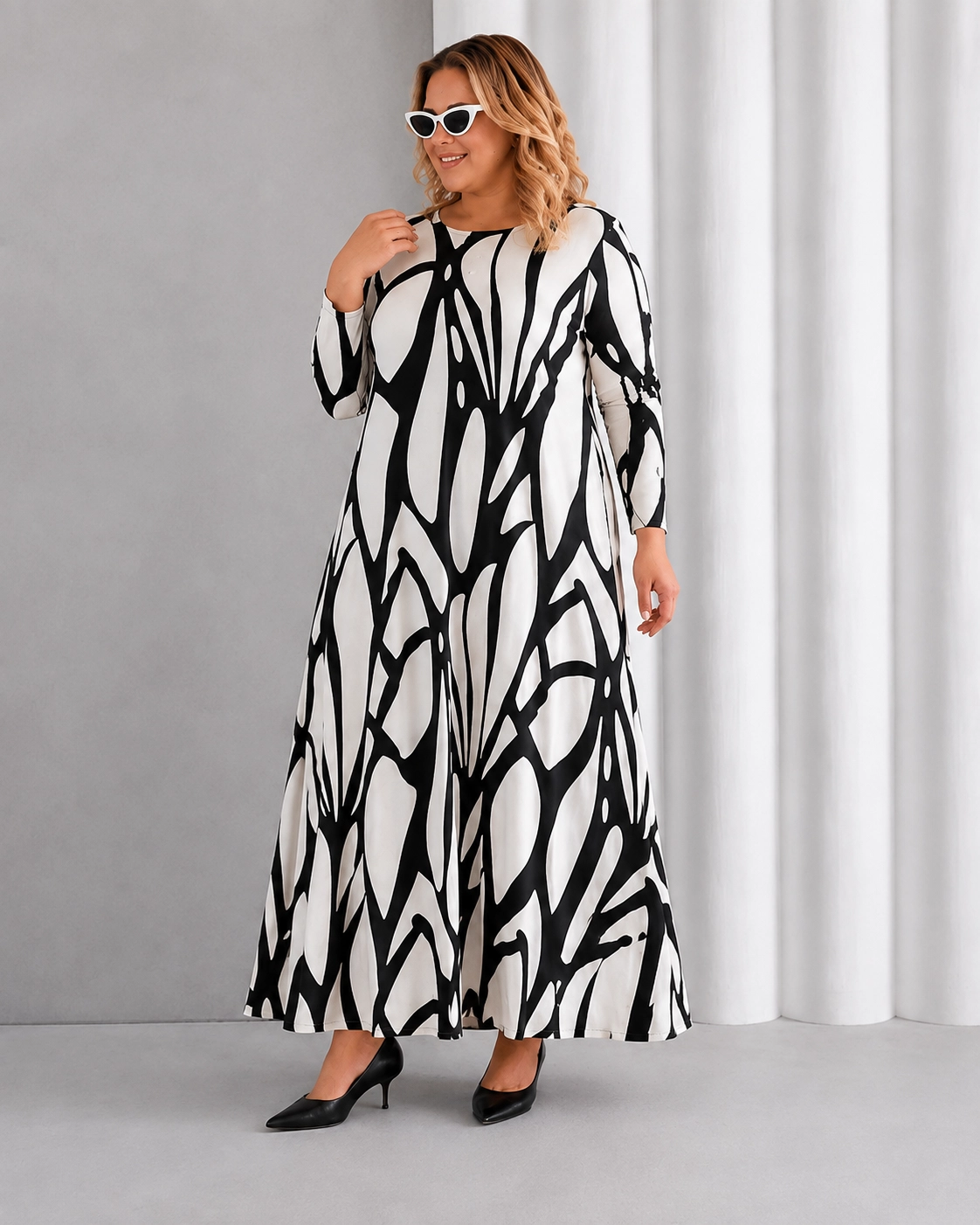 Lal Siyah Krem Desenli Maxi Elbise