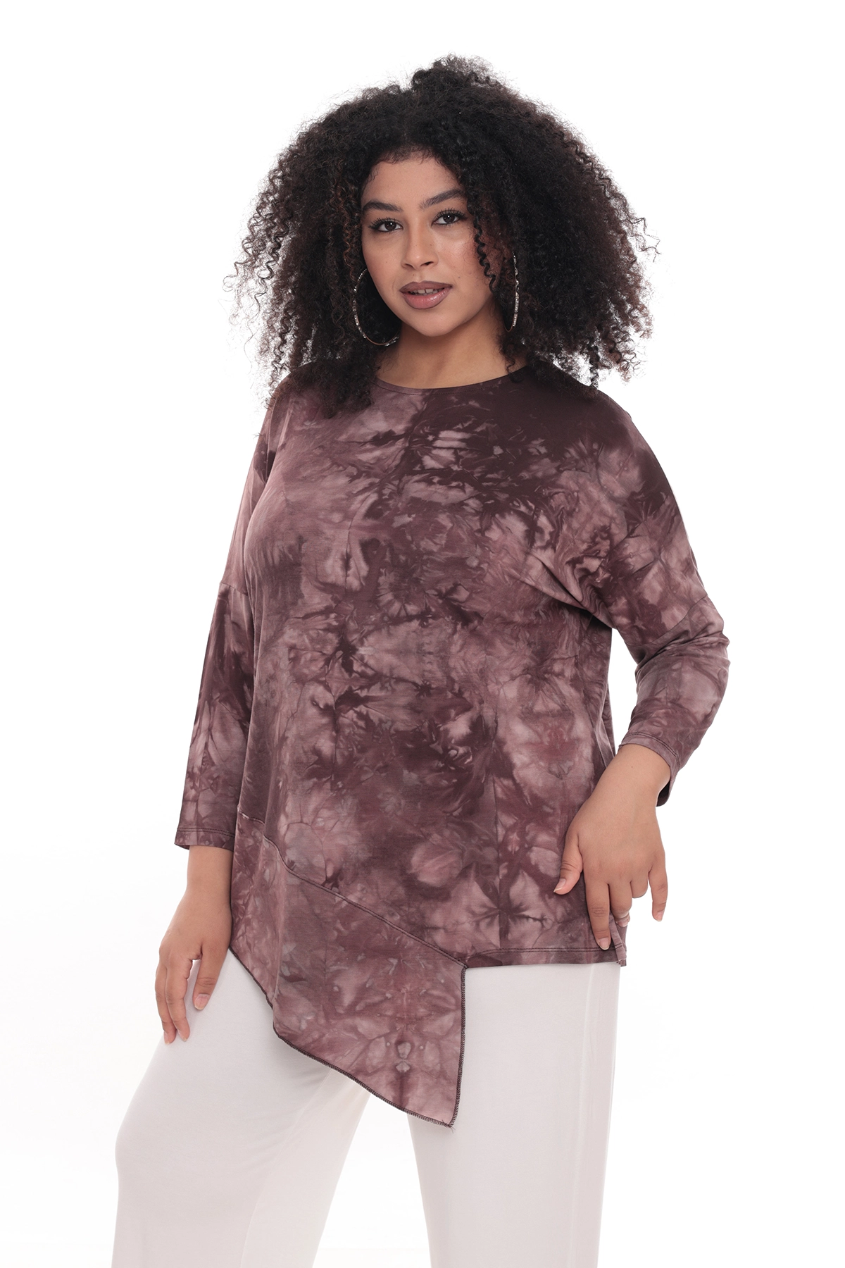 Asimetrik Batik Kahve Uzun Kol Bluz 42-56