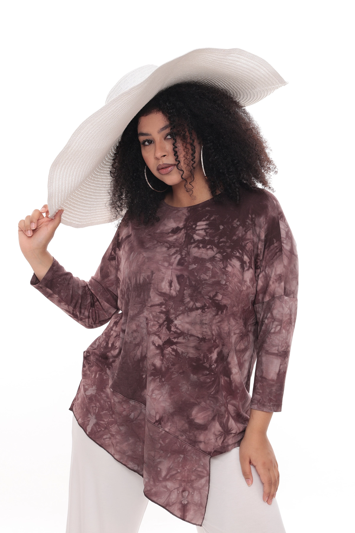 Asimetrik Batik Kahve Uzun Kol Bluz 42-56