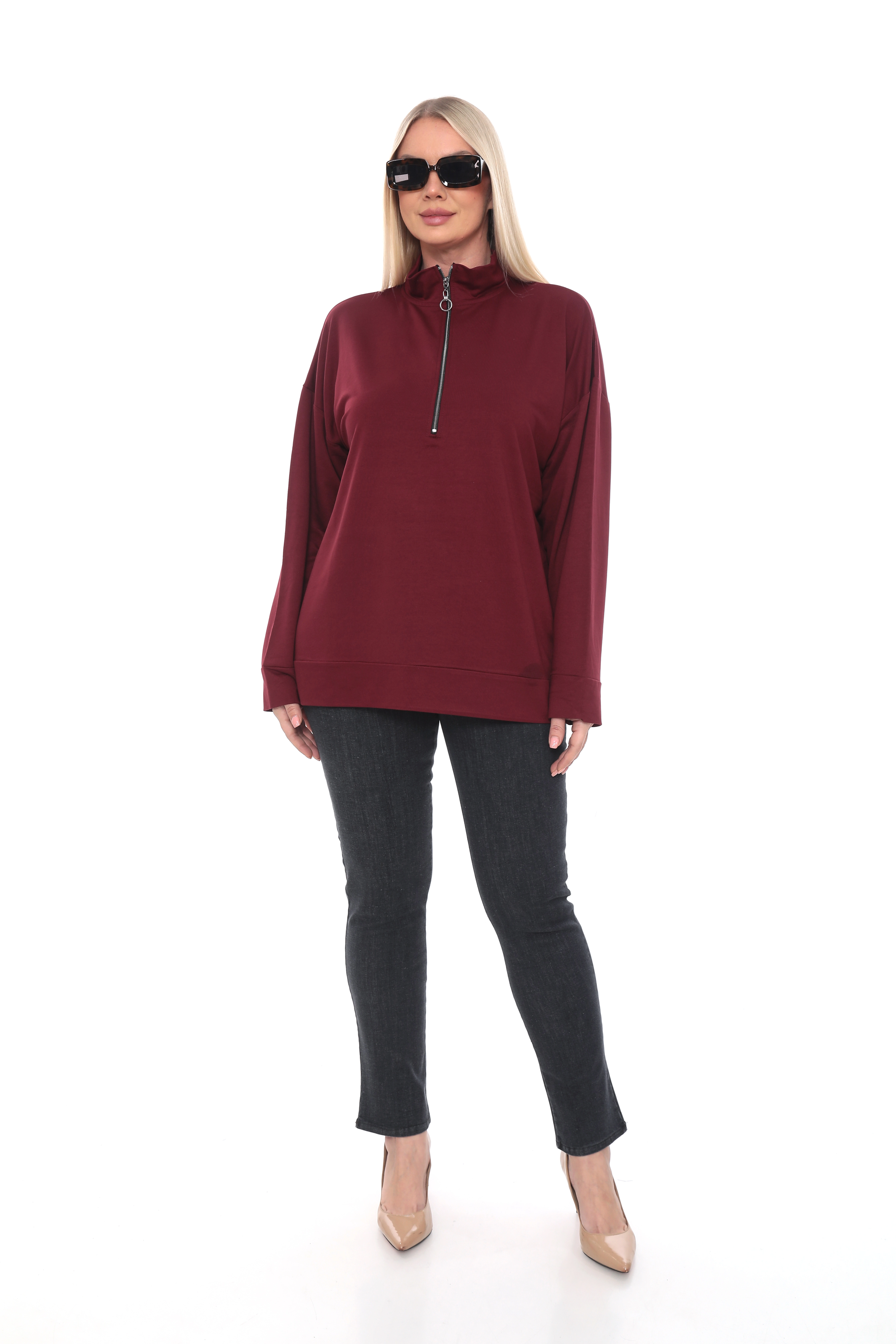 Büyük Beden Yarım Fermuarlı Oversize Sweatshirt