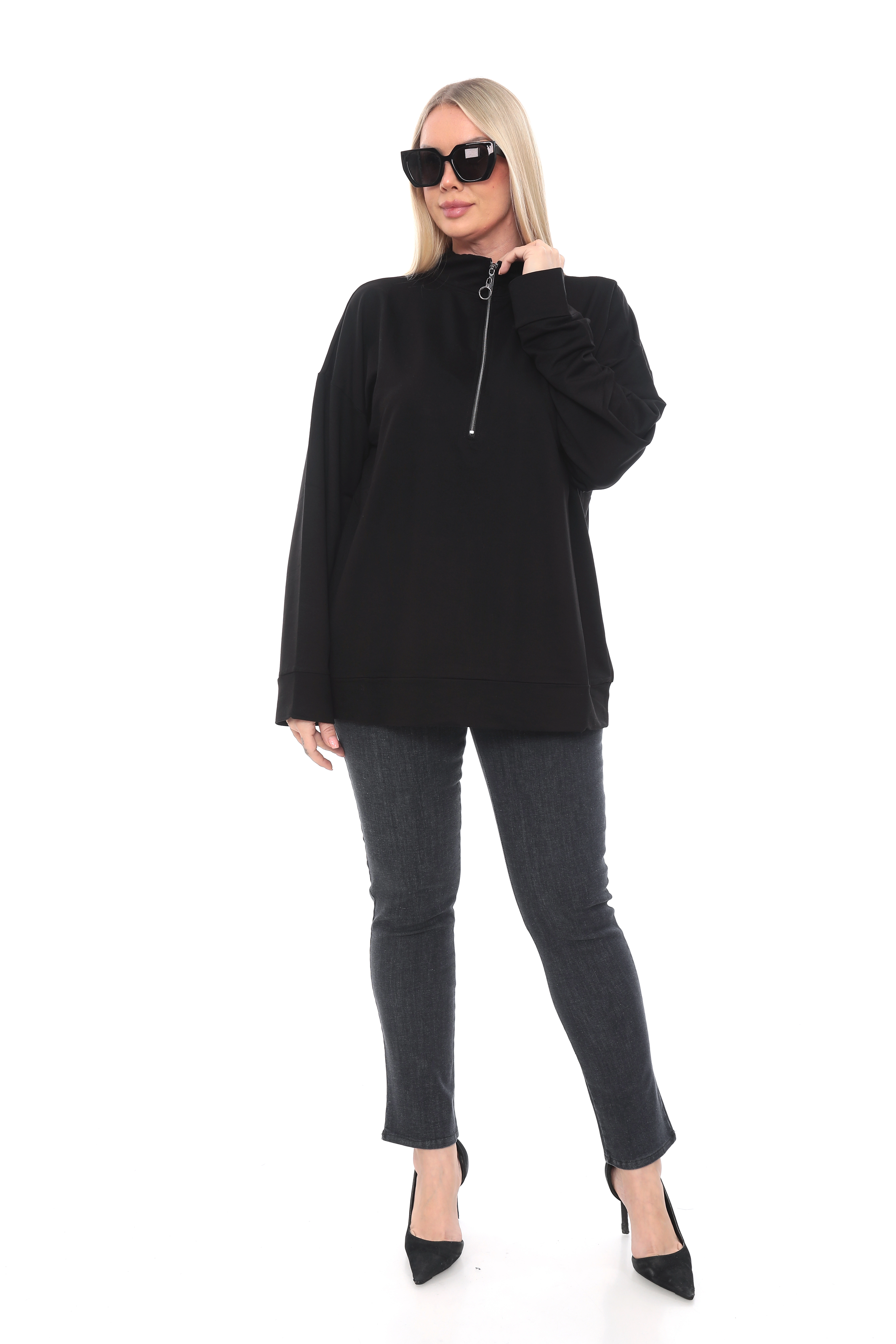 Büyük Beden Yarım Fermuarlı Oversize Sweatshirt
