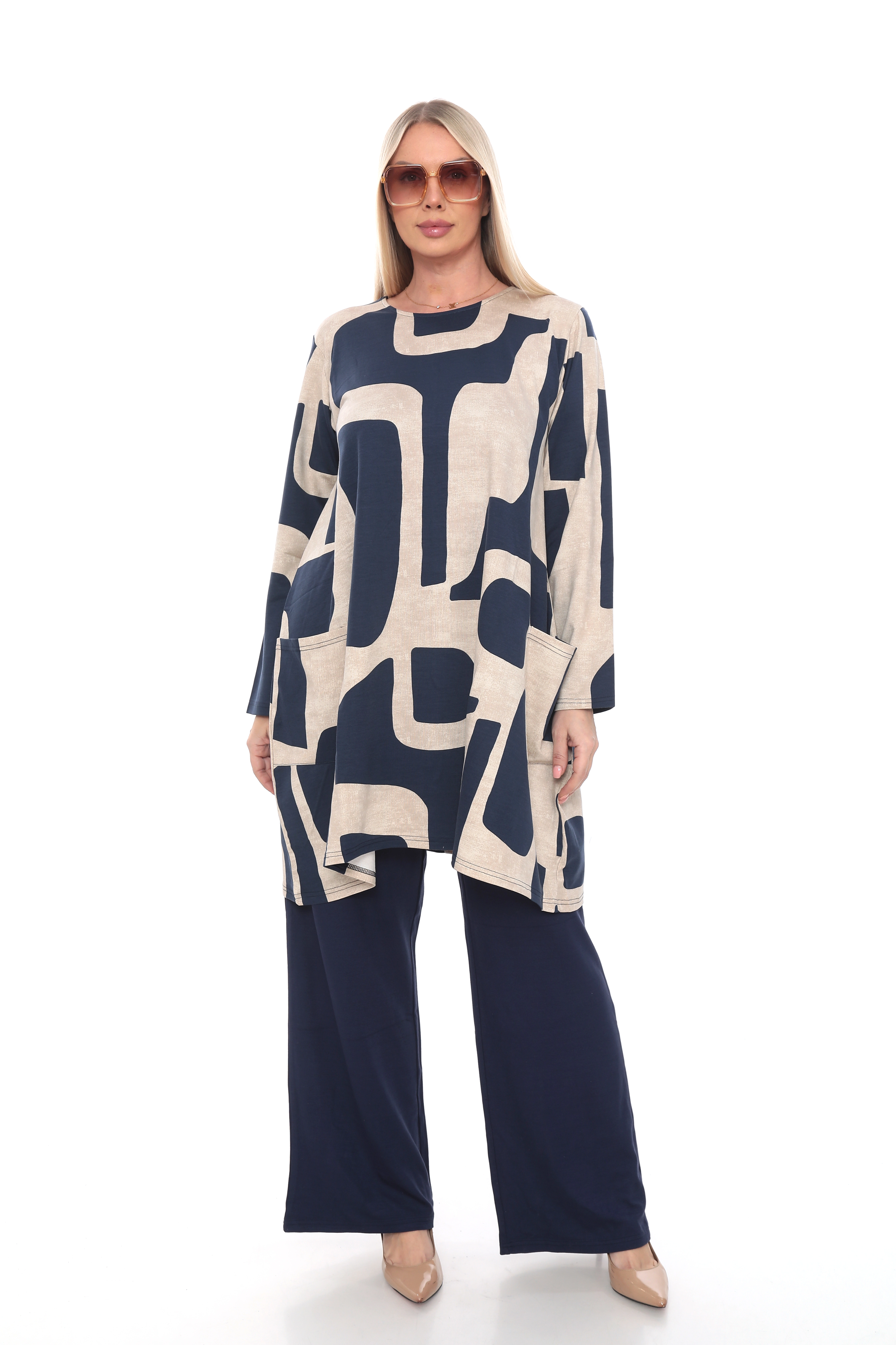 Önden Torba Cepli Desenli Oversize Tunik – Günlük ve Şık Kombinler İçin