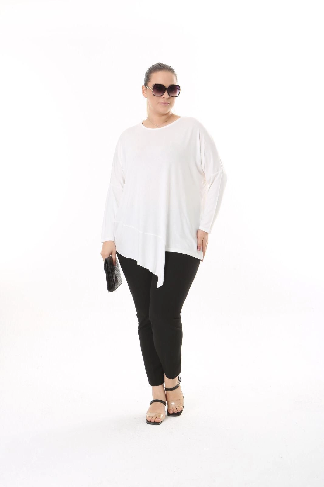 Asimetrik Kesim Desenli Oversize Bluz Büyük Beden ZPLUS XXL